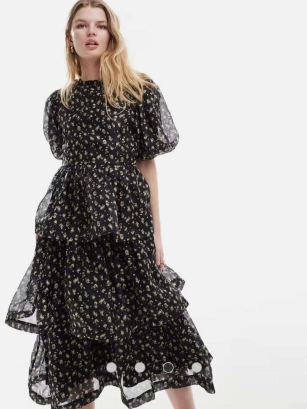 Sister Jane Puff Sleeve Floral Tiered Midi Dress - Picture 2 of 2